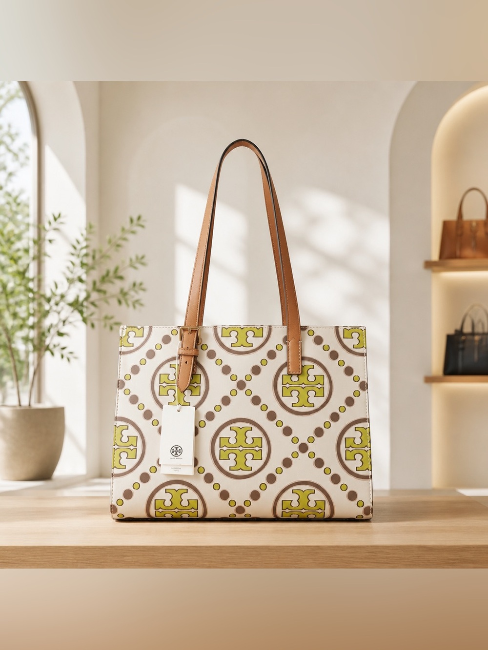 Tory Burch Cream and Lavender Tote with  Logo Medallions and Tan Straps